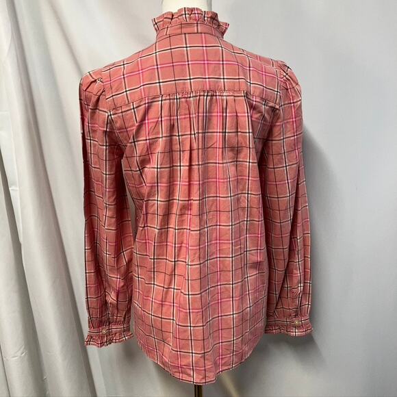 Loft Plaid Ruffle Button Up Blouse Pink Long Sleeve Women SP Preppy Spring New - Picture 9 of 15